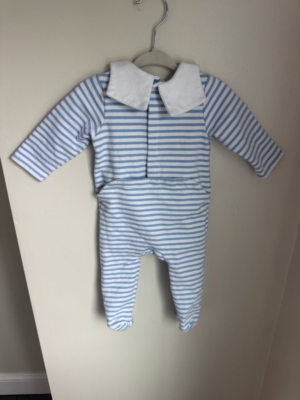 Jacadi Organic Cotton Striped Footie in Blue & White w Collar 6 Months - Picture 4 of 5